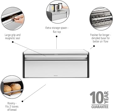 Brabantia Rectangular Fall Front Bread Box | Matt Steel | Large Metal Front Opening Bread Store for Kitchen Countertop | Flat Top for Extra Storage, Magnet Closing Lid | Fits 2 Loaves