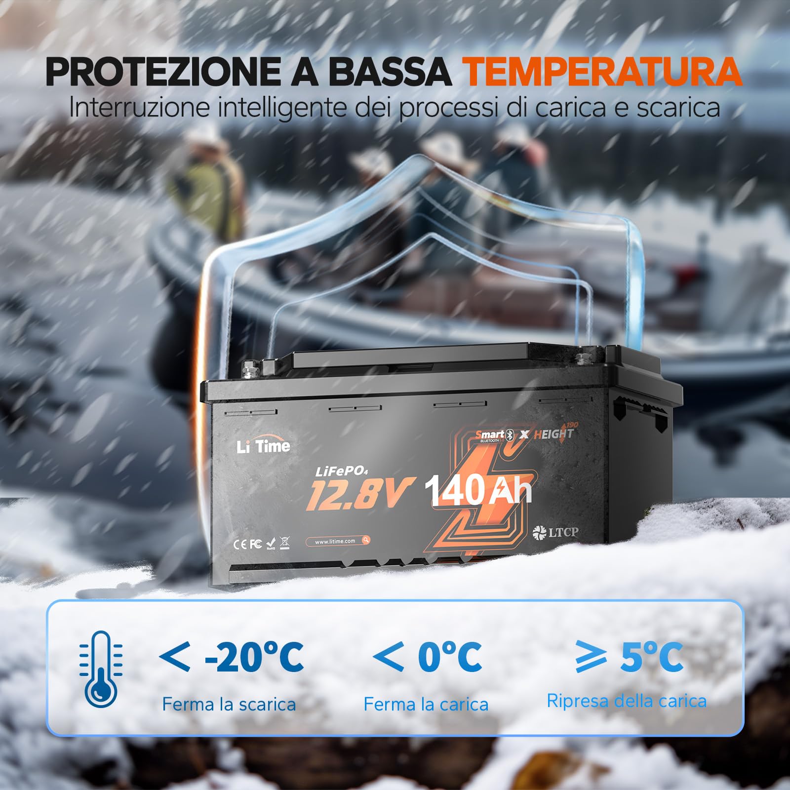 LiTime Batteria al Litio 12V 140Ah H190 per Camper, Batteria LiFePO4 12V con Bluetooth, 4000-15000 Cicli Profondi, Energia 1920Wh, Perfetta per RV, Furgone Camperizzato, Impianto Solare, Barche