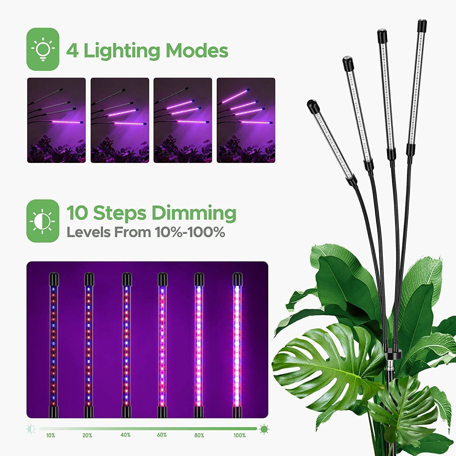 Luces de cultivo para plantas de interior, luz LED de crecimiento, 4 cabezales, lámparas LED de espectro completo para plantas, lámparas de cultivo de plantas con LED rojo y azul, soporte ajustable,