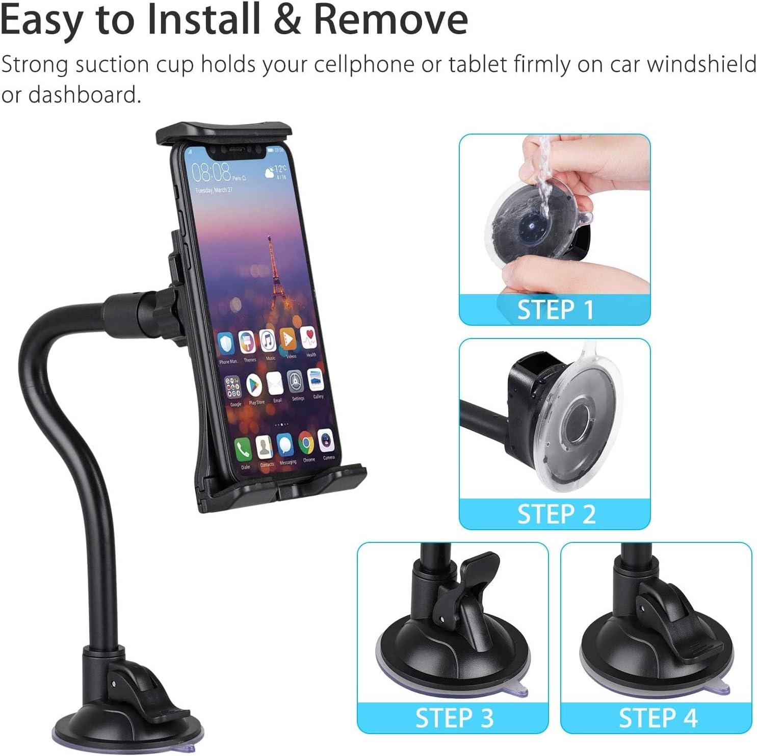 EEEKit Tablet Car Mount, Long Arm Suction Cup Mount Cradles for Windshield Dashboard, Car Phone Holder with 360° Rotation, 2-in-1 Car Stand for 4-12'' Tablet Cell Phone SUV Truck Vehicle Auto