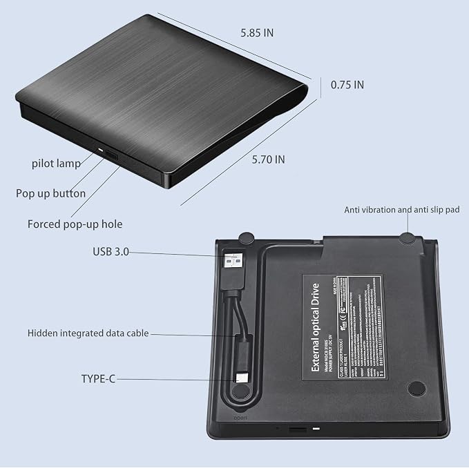 Unidad externa portátil CD/DVD USB 3.0 para laptop miniatura 7
