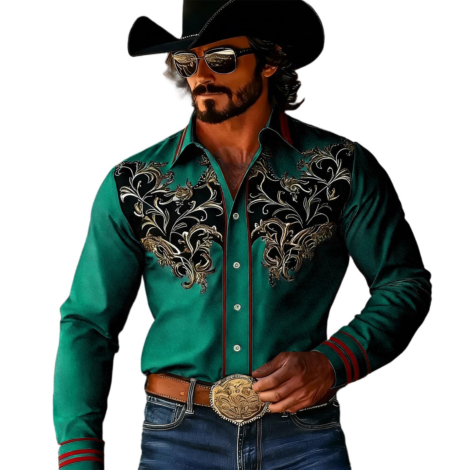 Fancy Dress Shirts Men's Cowboy Costume Long Sleeve Retro Western Shirt Western Lapel Shirt Vintage Style Long Sleeve Shirt with Ornament Pattern Festive Party Shirt for Theme Party Country Festival