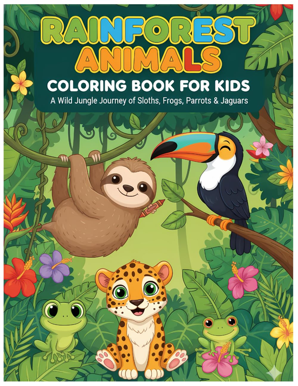 Rainforest Animals Coloring Book for Kids Ages 3–8: Cute Jungle Creatures to Color: 80 Wild Jungle Journey of Sloths, Frogs, Parrots, Jaguars & More!