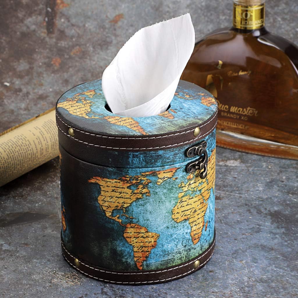 Sumnacon Round Tissue Box Cover Retro Wooden Tissue Holder with Lid, Round Wood Toilet Paper Cover Decorative Tissue Box Holder for Bathroom Toilet Living Room Table Desk Office, Green Map
