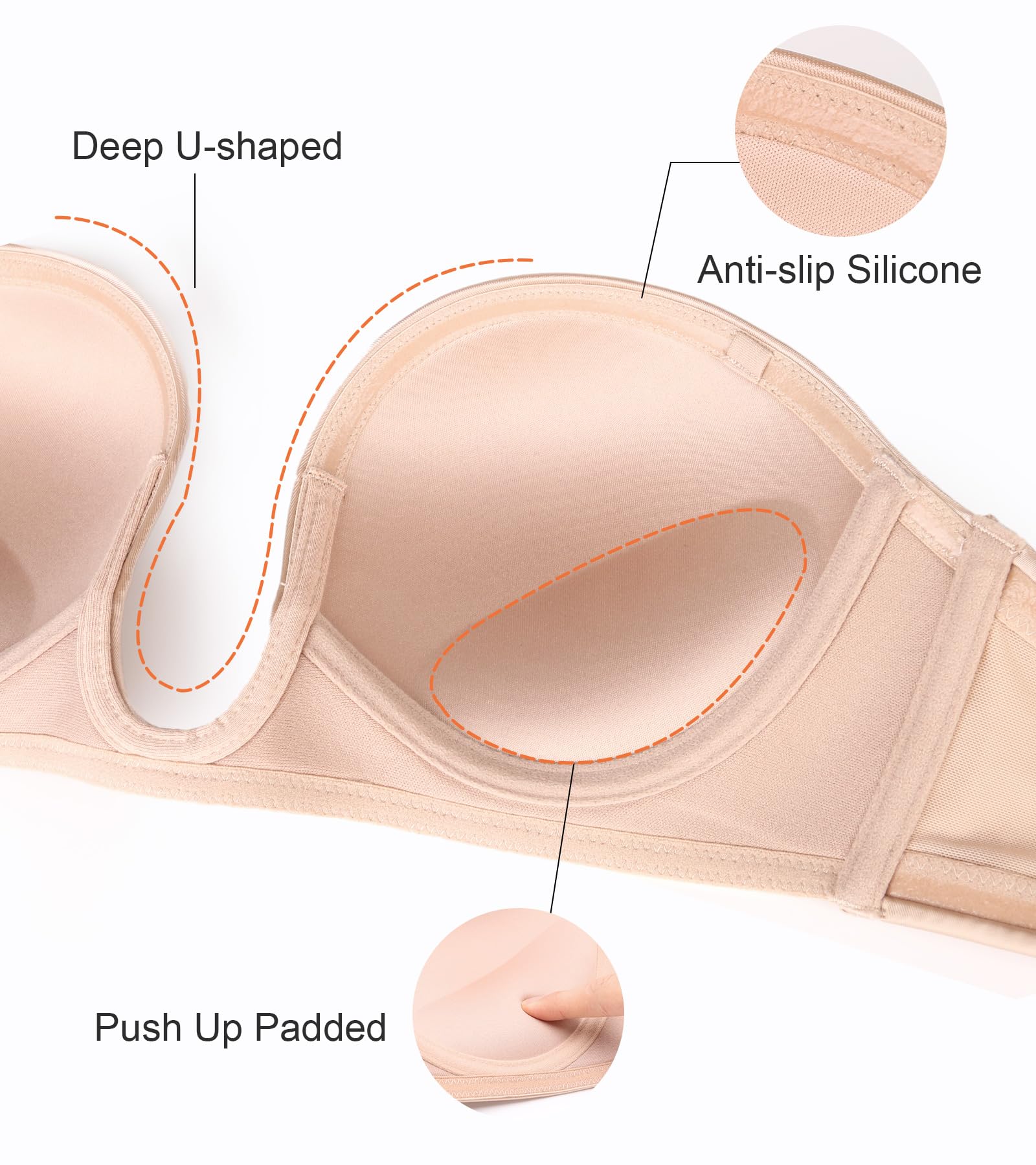 Lemorosy Soutien-gorge rembourré convertible push-up sans bretelles pour femme avec décolleté plongeant en V profond Rouge, nude, 95 B (Taille Fabricant:36B)
