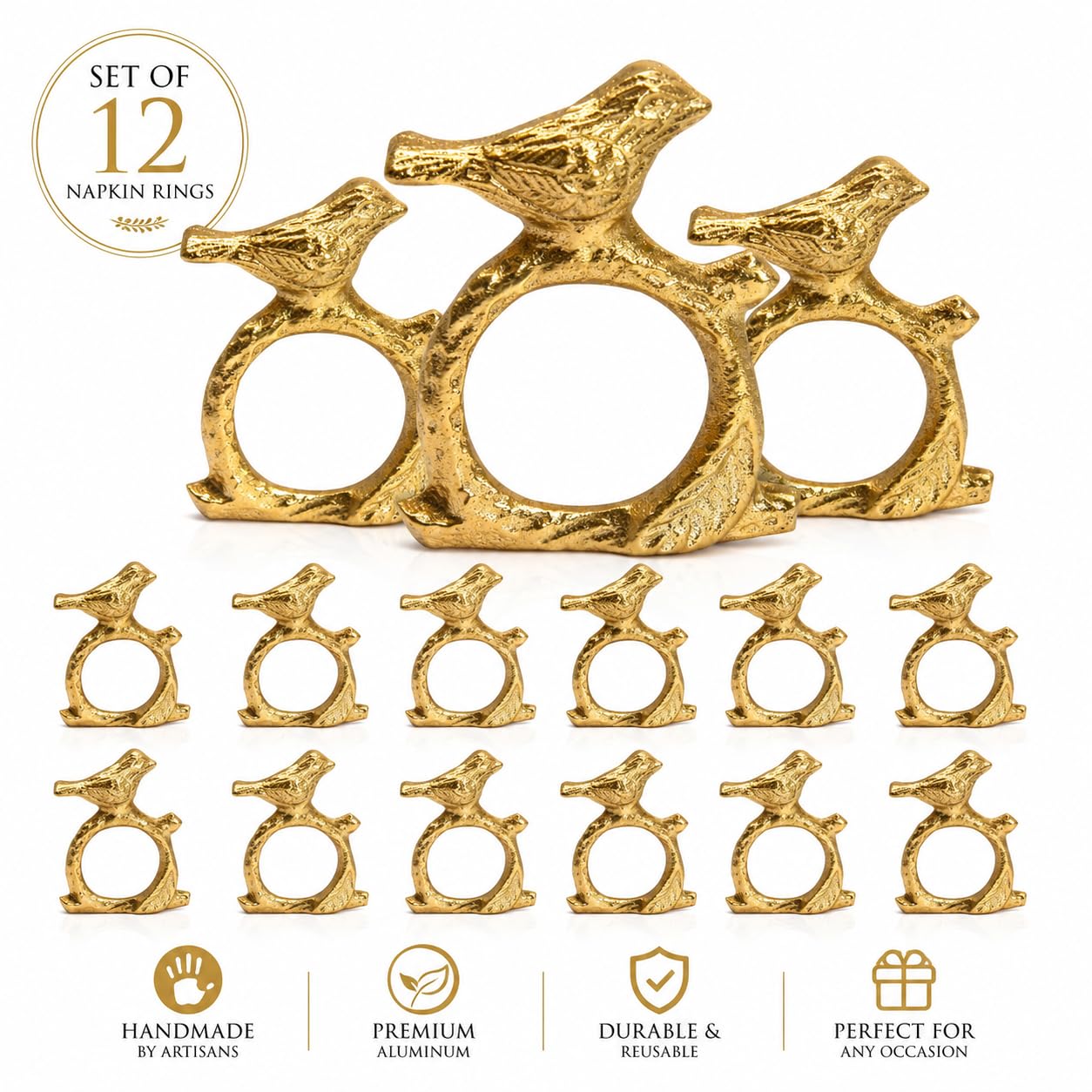 ITOS365 Lot de 12 ronds de serviette en aluminium avec oiseaux chanteurs sur branche d'arbre - Fabriqués à la main - Pour salle à manger, fêtes quotidiennes