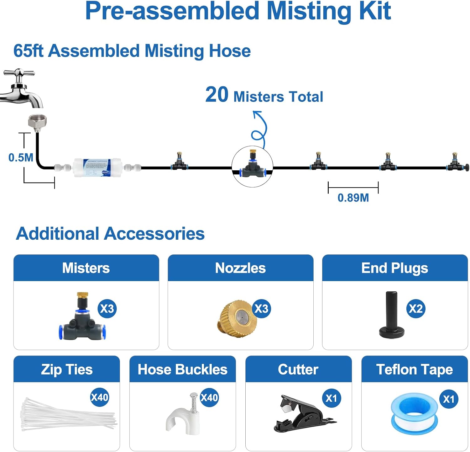 POCKET PANDA Pre-Assembled Misters for Outside Patio,Outdoor Misting Cooling System w Filter,65FT|20M. Backyard Mist Kit for Garden,Greenhouse,Deck,Umbrella,Canopy,Pool,Porch,Trampoline,BBQ Party