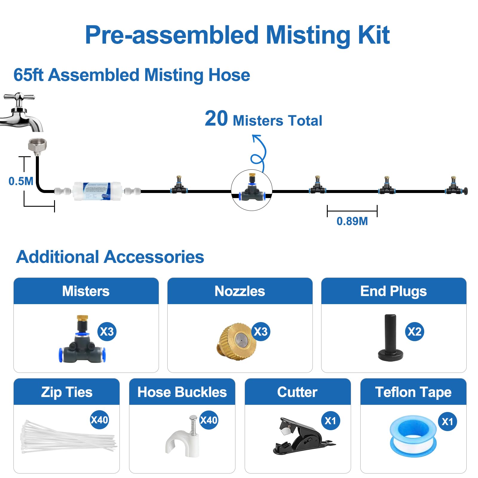 Misters premontados para patio exterior, sistema de refrigeración de nebulización al aire libre con filtro, 65 pies | 19 m. Kit de niebla de patio trasero para jardín, invernadero, cubierta, paraguas,