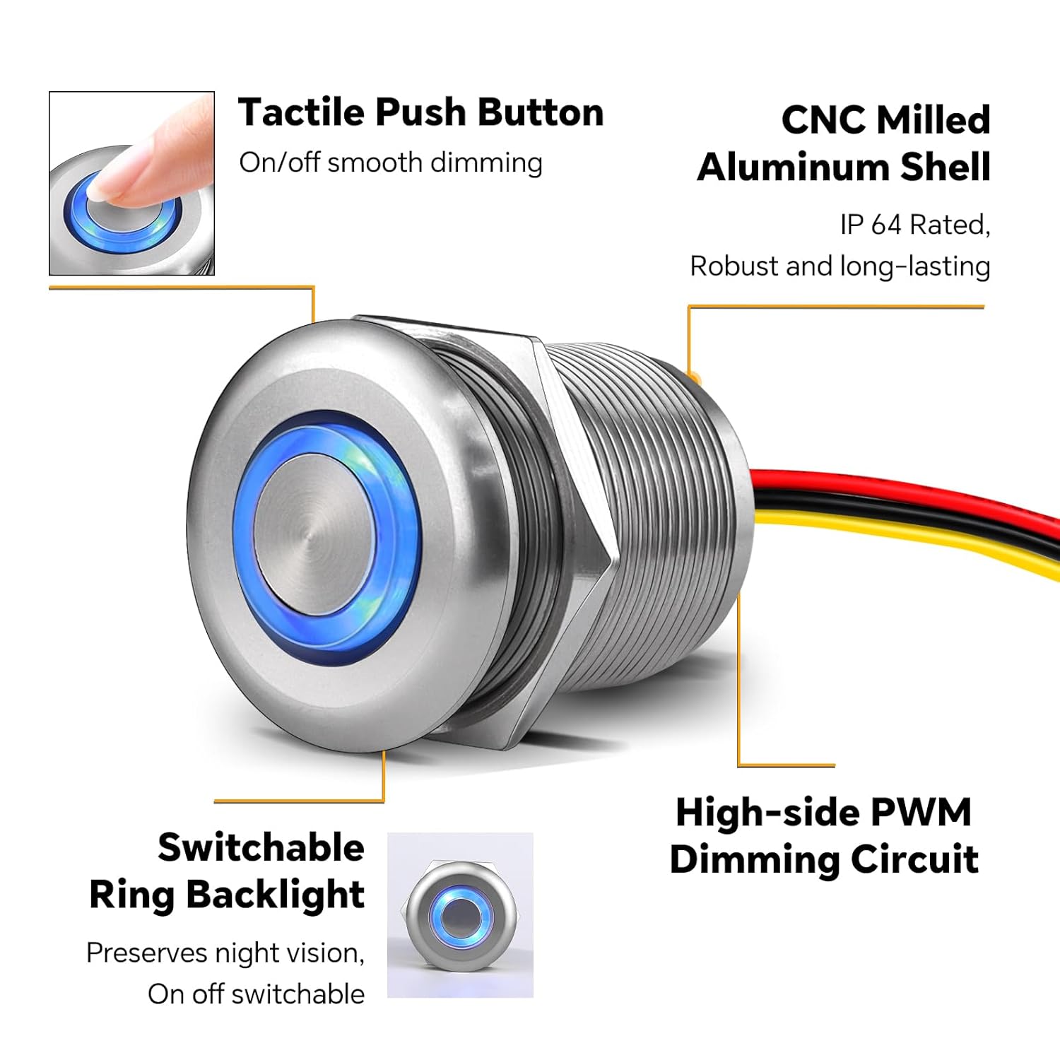 12V Light Dimmer, Recessed Stainless 12 Volt PWM Dimmer Switch for RV Boat Car Lighting, Push Button Dimmer for 12V LED Strip Light Rope Light, 3/4” Drill Hole (2Pack-Upgrade)