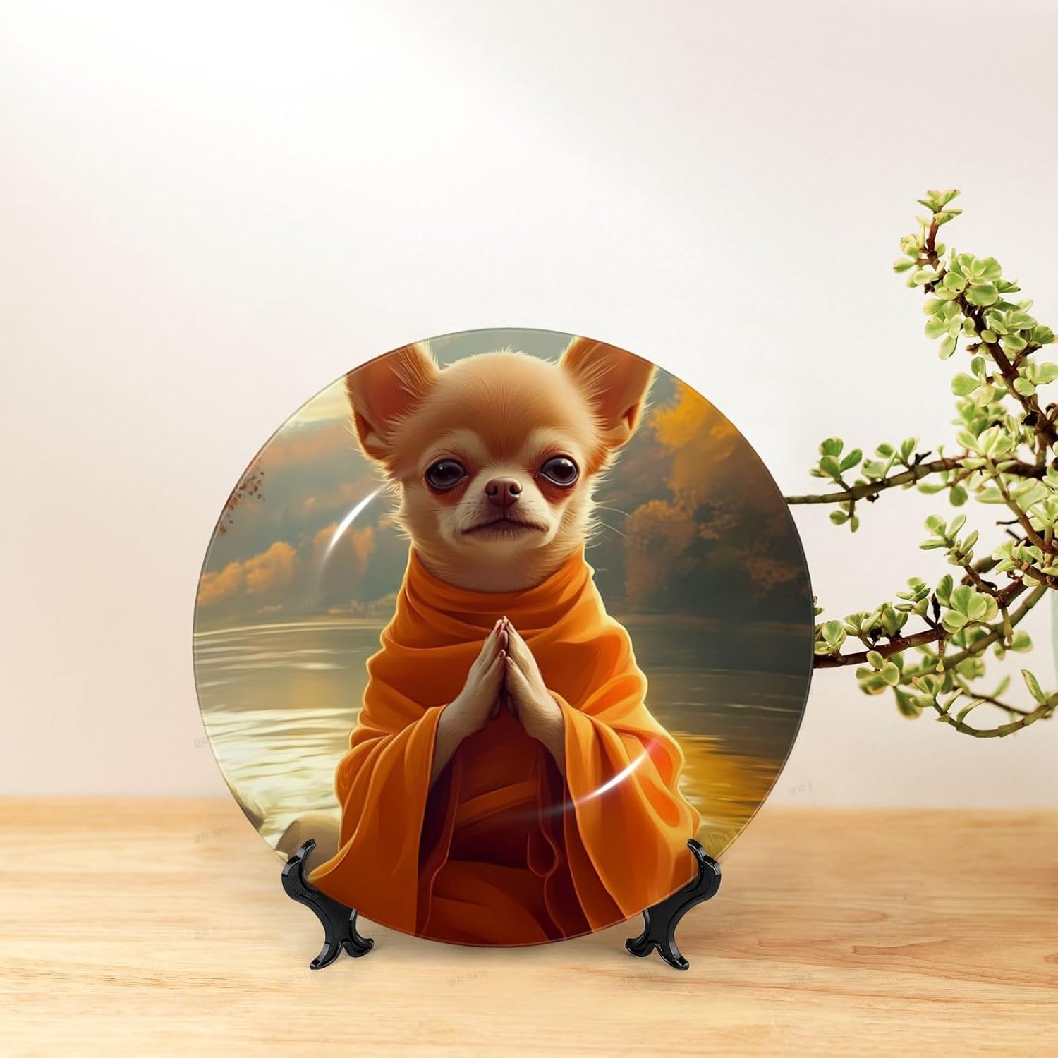 Maple Leaf Meditating Chihuahua Style Ceramic Plate Display Home Display With Stand Wall Hanging Plate For Home Decor 10 Inch