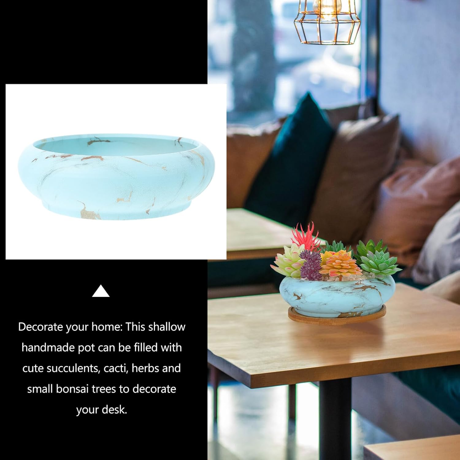 Ceramic Water Transfer Printing Flower Planter with Tray Set for Succulents and Small Plants, Decorative Home Garden Pot, Sturdy Ceramic Plant Pot with Base