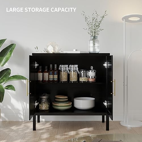 Miniatura 6 de VOWNER Gabinete de almacenamiento de ratán, aparador de buffet con puertas decoradas de ratán, armario para pasillo, entrada, sala de estar, 31.5