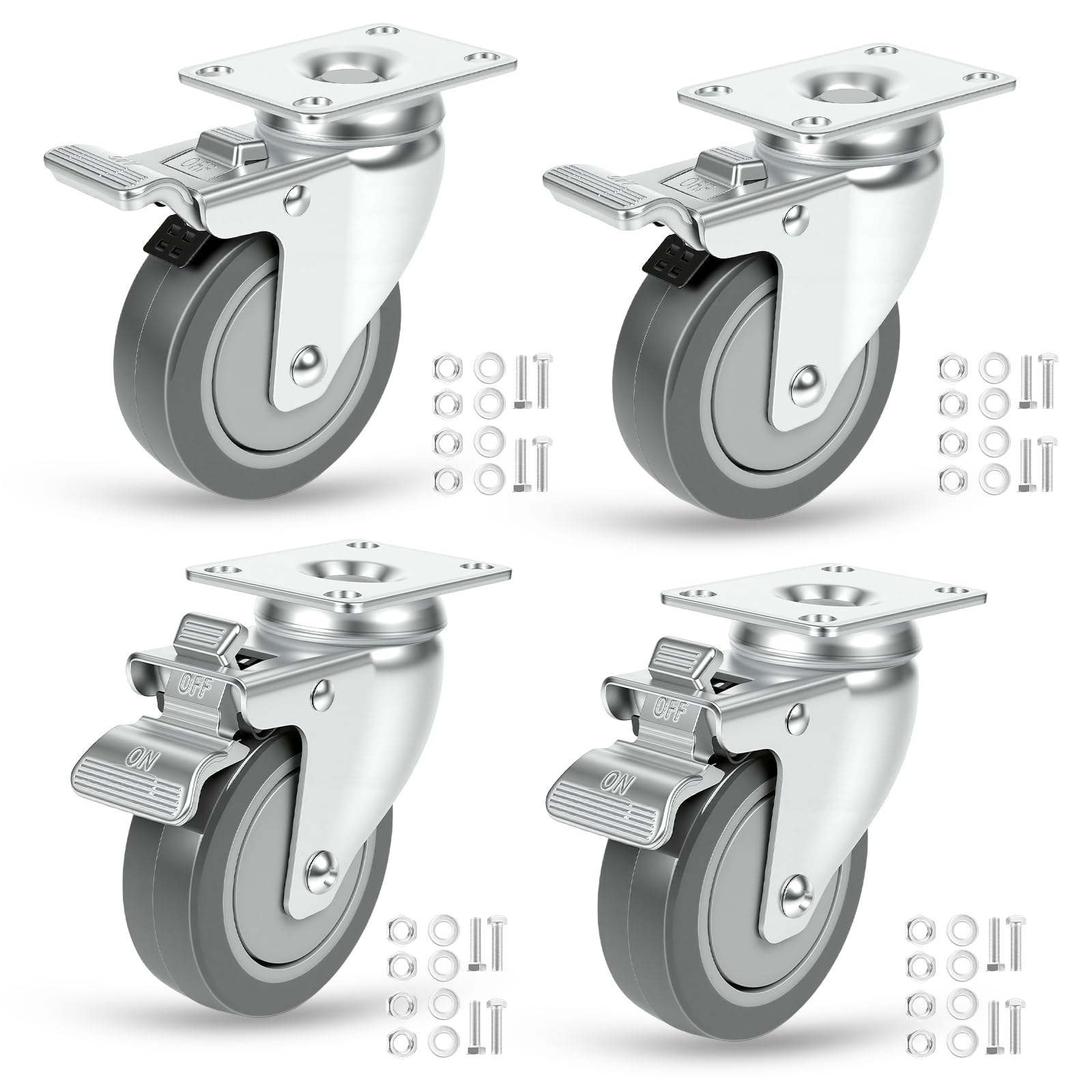 Set di 4 ruote piroettanti bloccabili da 4 pollici, ruote in poliuretano grigio resistenti, rotazione silenziosa e fluida a 360 gradi, capacità di carico 1100 libbre, confezione da 4 per carrelli, a