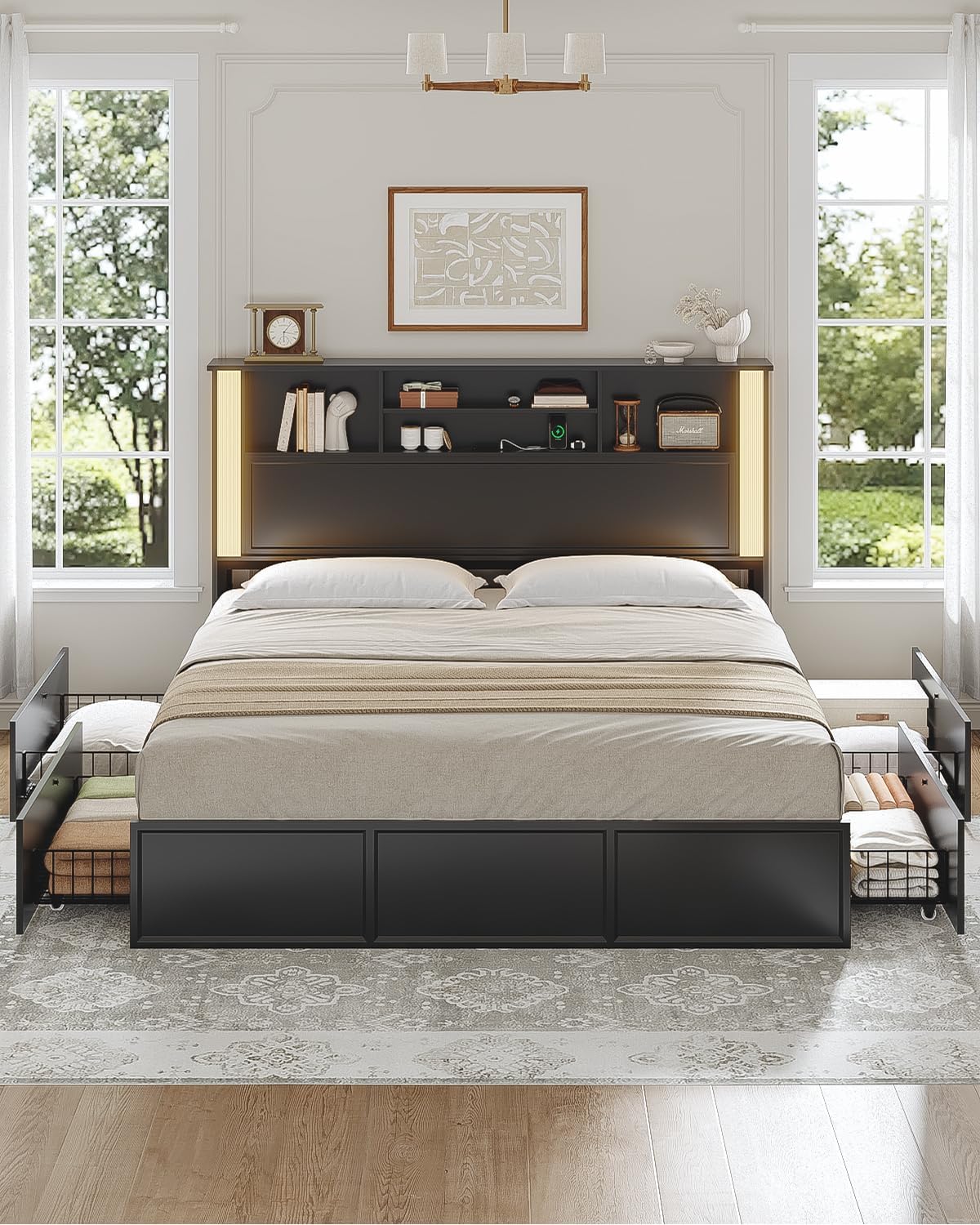 VIAGDO Full Size Bed Frame with 4 Drawers and Bookcase Storage Headboard, Wooden Platform Bed Frame Full Size with Charging Station and LED Flat Panel Light, No Box Spring Needed, Black
