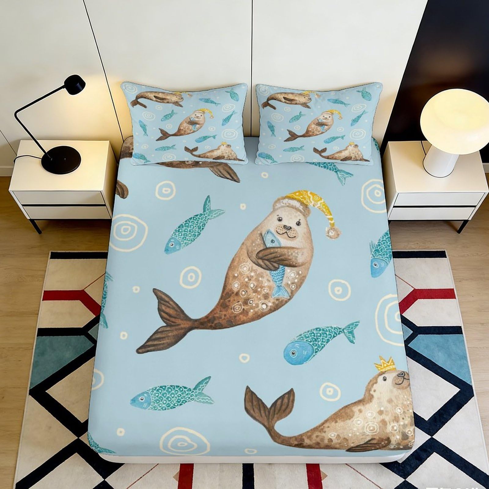 3D Printed Cartoon Seal Fitted Sheet Microfiber Soft Blue Ocean Fish Mattress Cover for Bedroom Dorm Mattress Protector 90x200x25cm