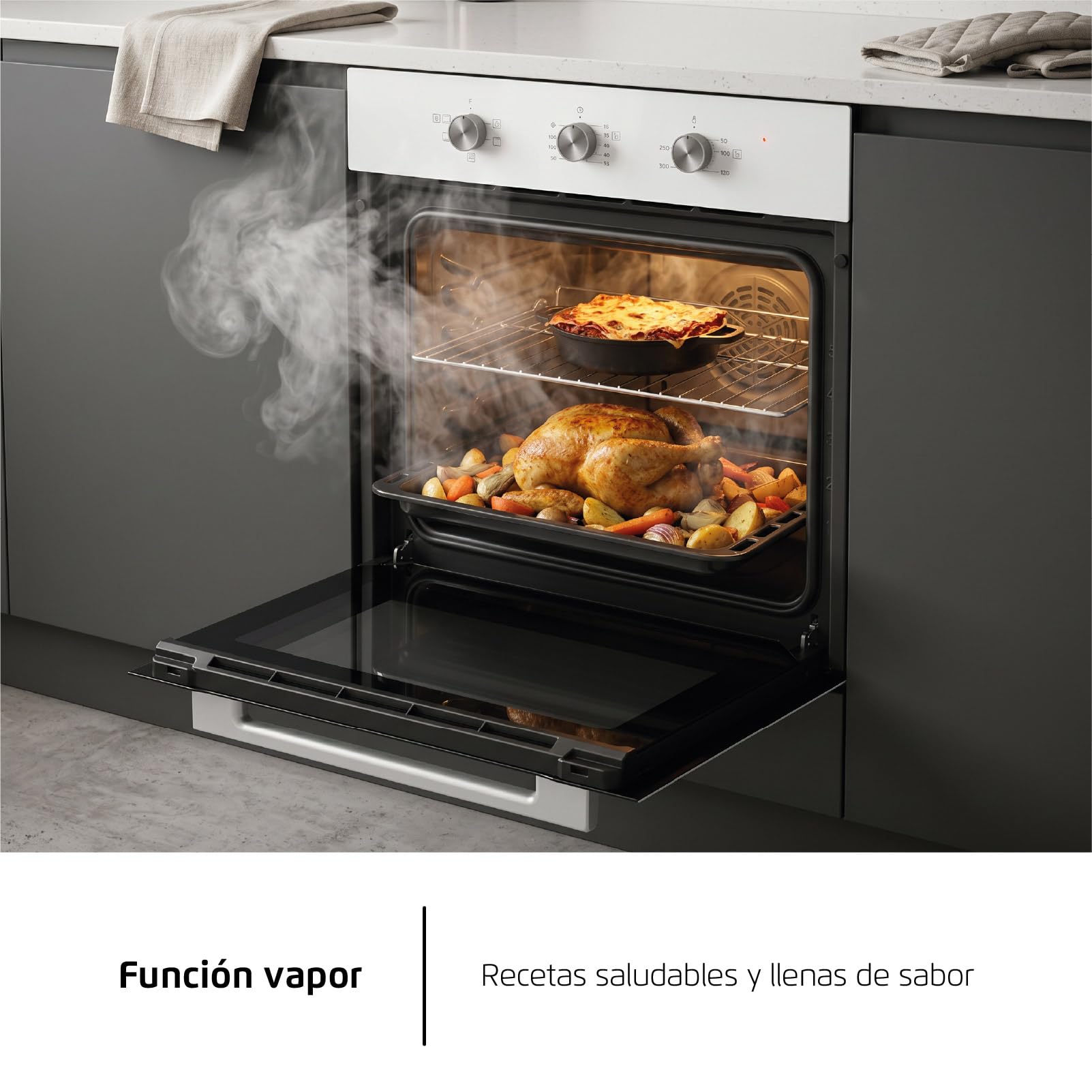 Corbero - Horno Electrico Convencional | CCHM626W | 70L | Hidrólisis y Cocción a Vapor | 2100W | 4 Programas| Doble Cristal | Luz Interior | Cristal Blanco