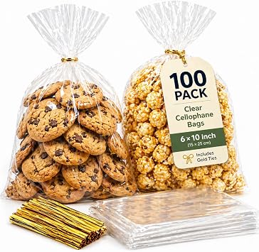 100PCS Clear Cellophane Bags 6x10 inch/15x25 cm for Party Favours, Cookies & Candy Treat Bags Plastic Cello Goodie Bags With Twist Ties, Small Gifts Wrapping for Holiday | Flat gift bags without gusset for cookies, candy, popcorn, party favors and small gifts