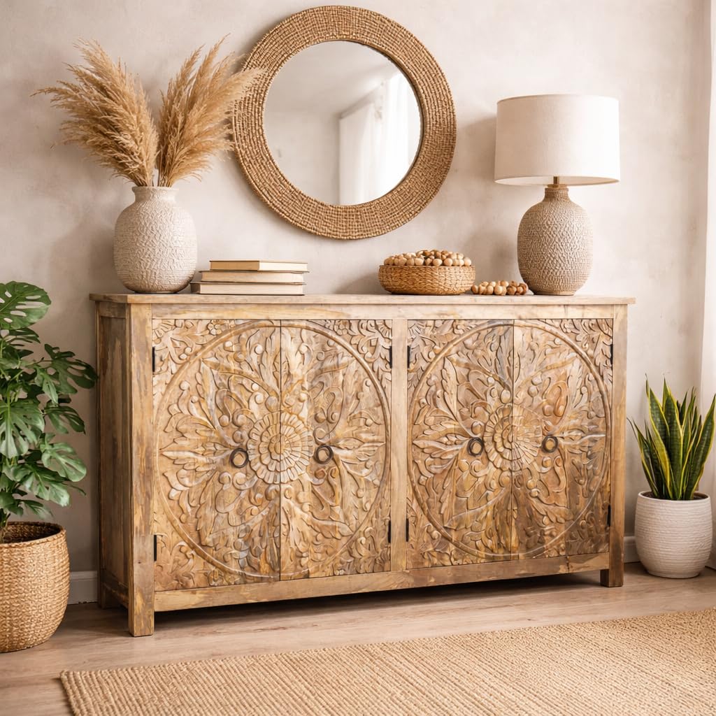ANGEL FURNITURE Solid Mango Wood Sideboard with Carved Doors Natural Finish (Large)-image-10