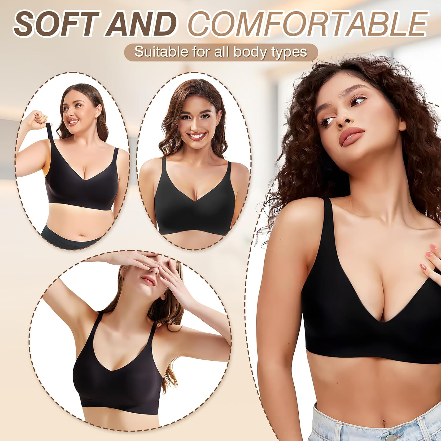 Bras for Women Wireless Push Up Seamless Wire-Free Bras Full Support T-Shirt Bra V Neck Comfortable Adjustable Bra - Image 8