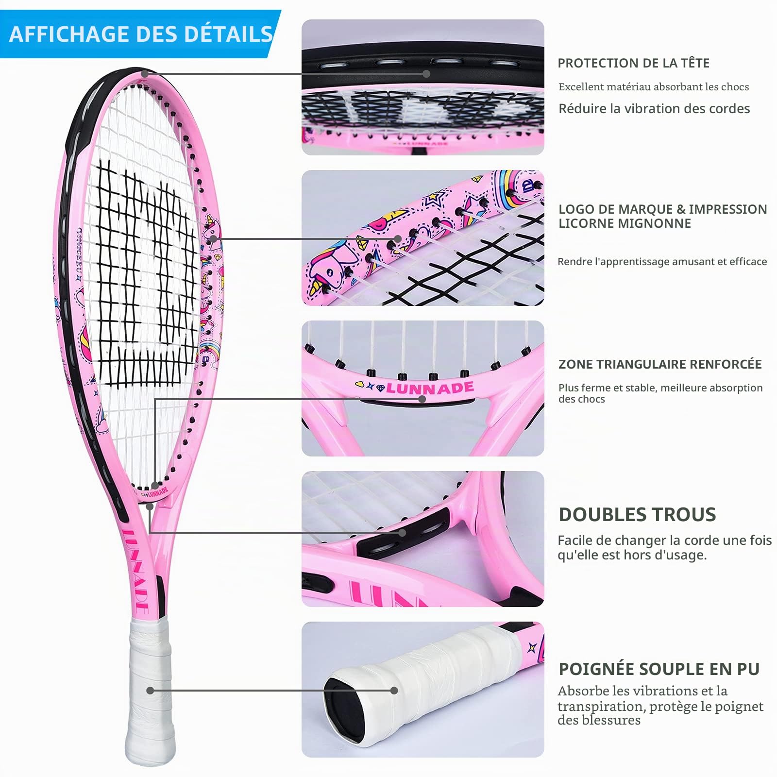 Raquette de tennis pour enfants juniors, 48/53/58/63/63 cm avec housse, convient pour les garçons et les filles débutants de 3 à 12 ans