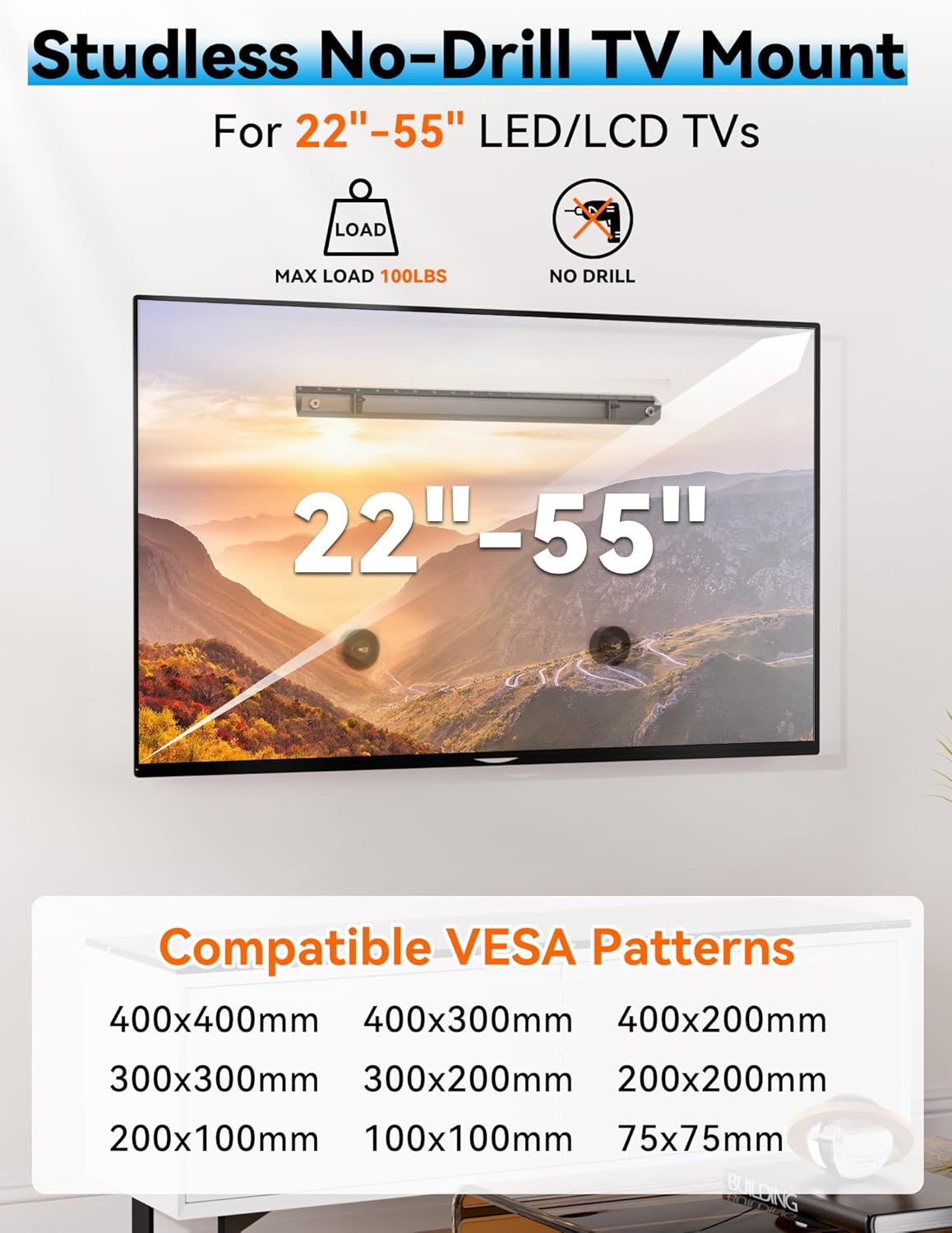 No Stud TV Wall Mount, No Drill Studless TV Hanger for 22-55 Inch TVs, NO Damage Wall Mount Ultra Slim TVs Bracket, Max VESA 400x400mm, Holds up to 100 lbs (Include All Hardware Levels) 3 71zFYVgePCL. AC SL1500