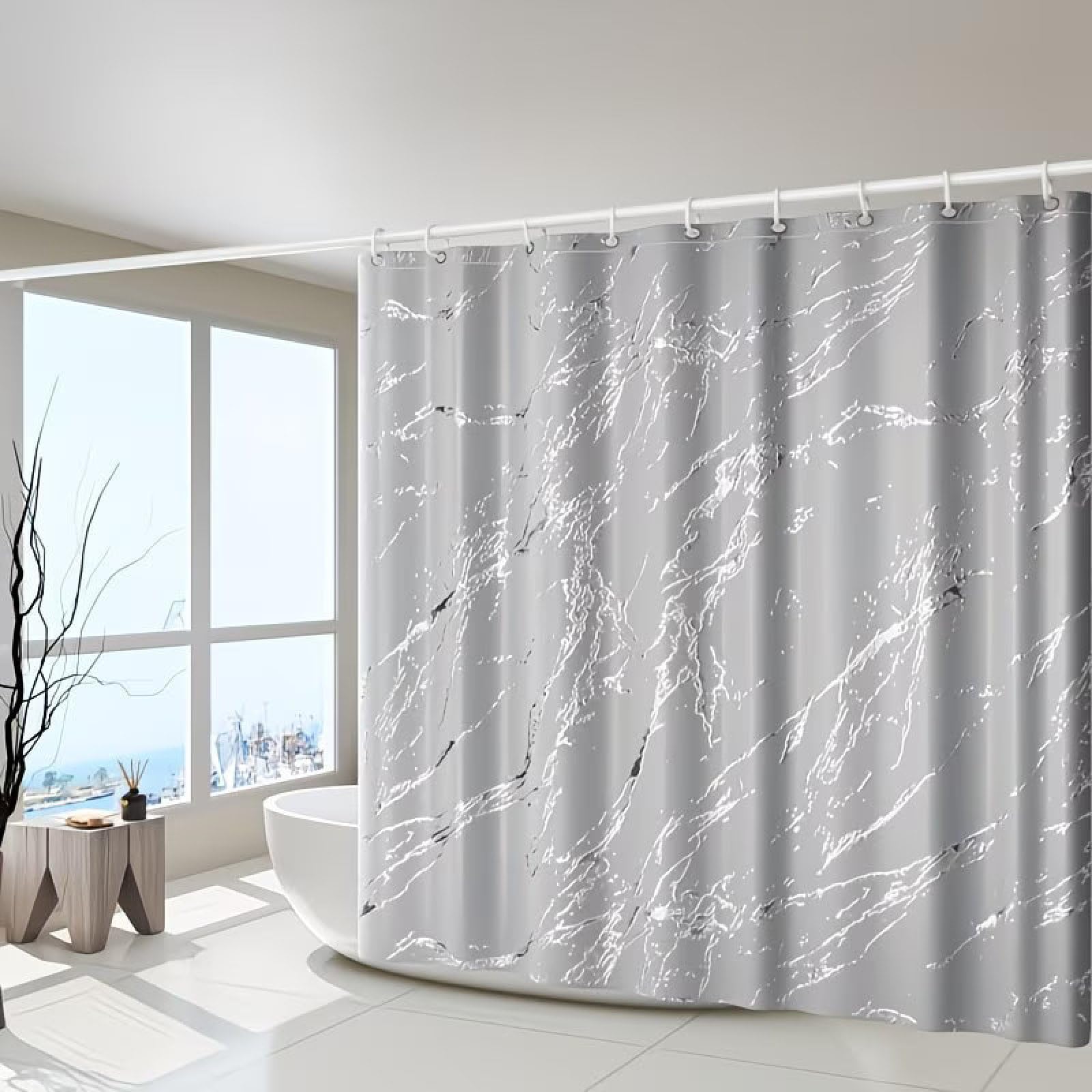 Shower Curtains Gray Marble Wet Room Shower Curtain Mould Proof Resistant Waterproof Polyster Fabric Washable with 12 Hooks Garden Bathroom Curtains (180x180cm)