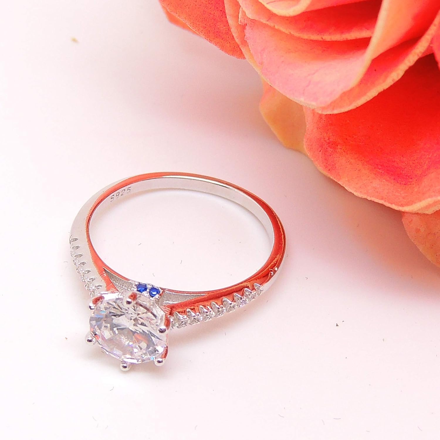 Merci Engagement Ring for Women by Ginger Lyne | Sterling Silver 7mm Solitaire Blue Accent Cubic Zirconia Wedding Ring for Her | Bridal Jewelry for Wife or Girlfriend