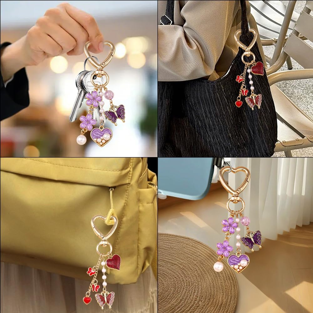 2Pcs Purple Pearl Butterfly Keychain Red Heart keychain Aesthetic Flower Bag Charm Cute Keychains for Women Phone Decorations Purse Charms for Handbags Phone Charm Womens Key Chians Backpack Charms - Image 4