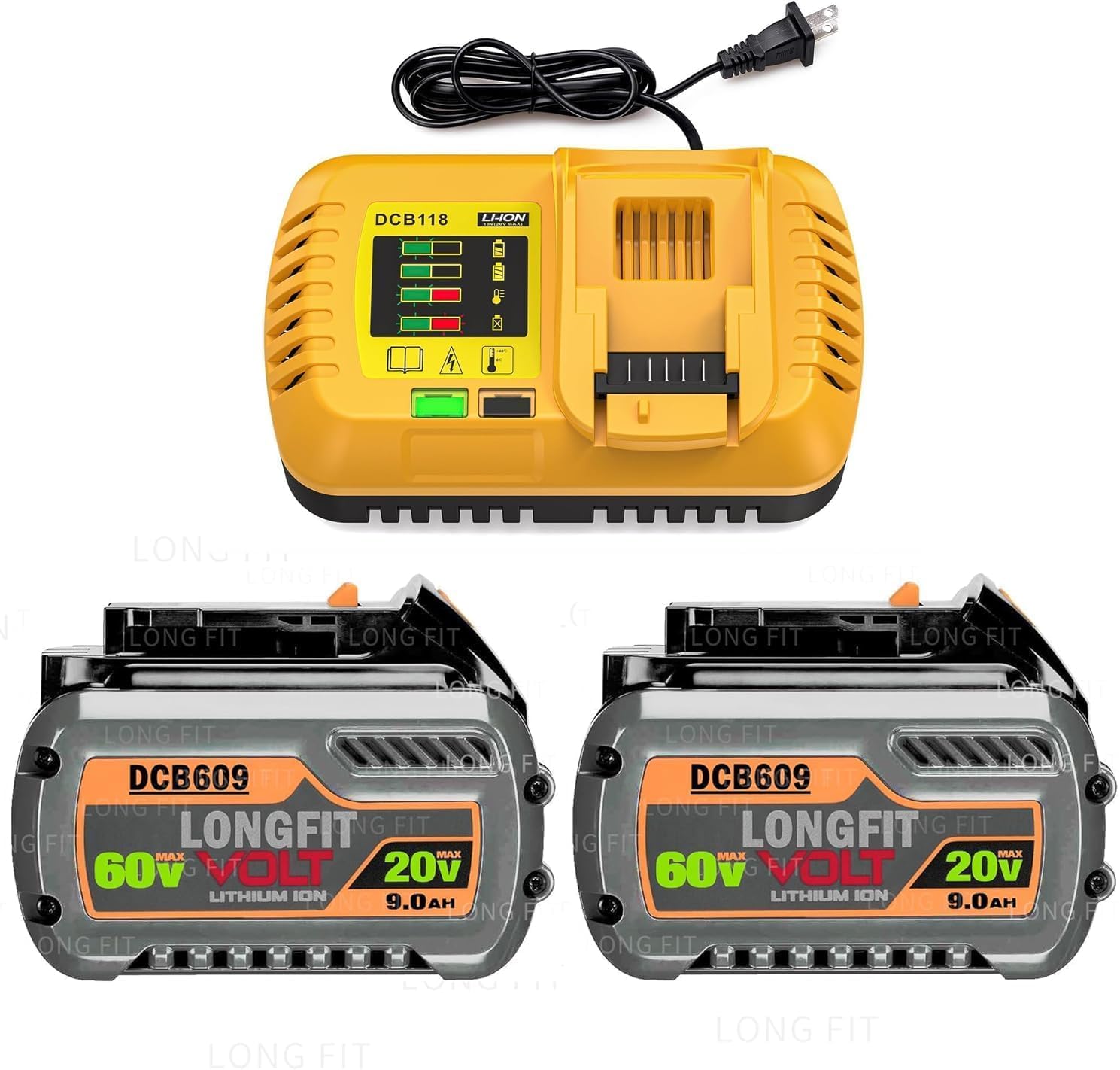 LONG FIT 20V 60V Max Lithium-lon Battery and Charger Combo Kit for dewalt Power Tools, Fast Charger, LED Power Indicator (DCB609-2-8A Fast Charger)
