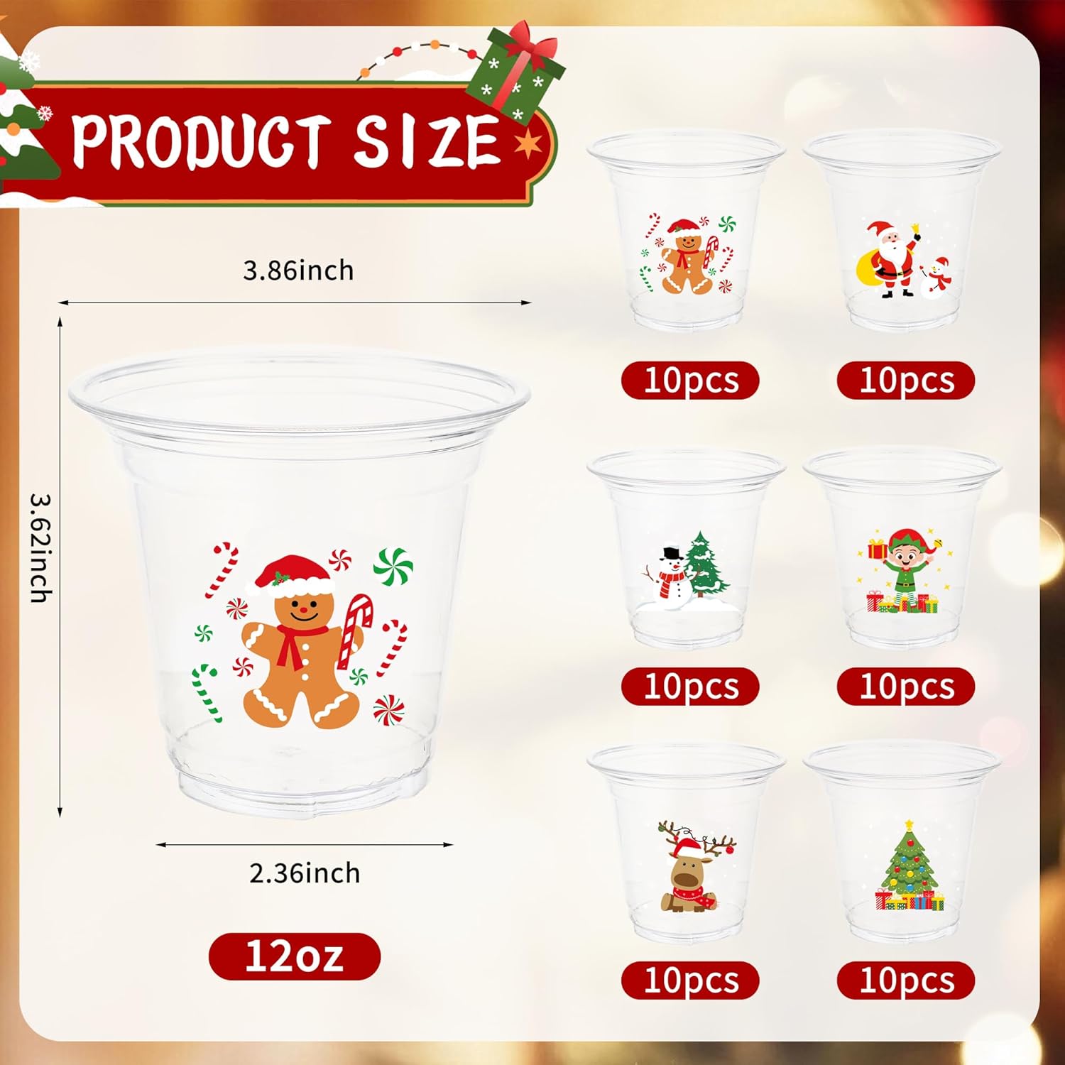 peony man 60Pcs Christmas Disposable Plastic Cups 12oz Merry Christmas Clear Cup Santa Claus Snowman Drinking Cups for Cold Beverage Coffee Xmas Winter Holiday Party Cup Supplies - Image 2