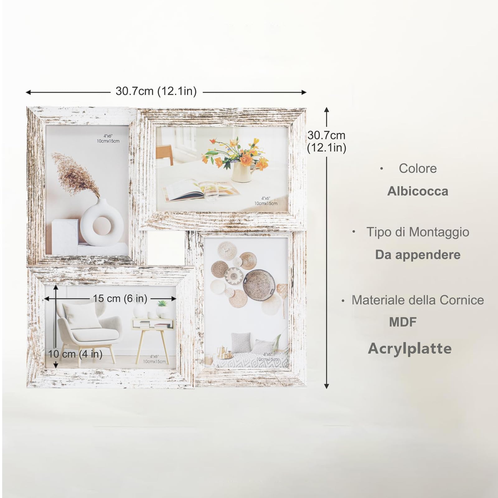 Tutee Cornice Per Foto, Robusta Cornice in Legno MDF, Cornici Foto Multiple da Parete, Portafoto da Parete Multiplo, Decorazioni Murali, Cornici 10x15cm 4PZ (Bianco)