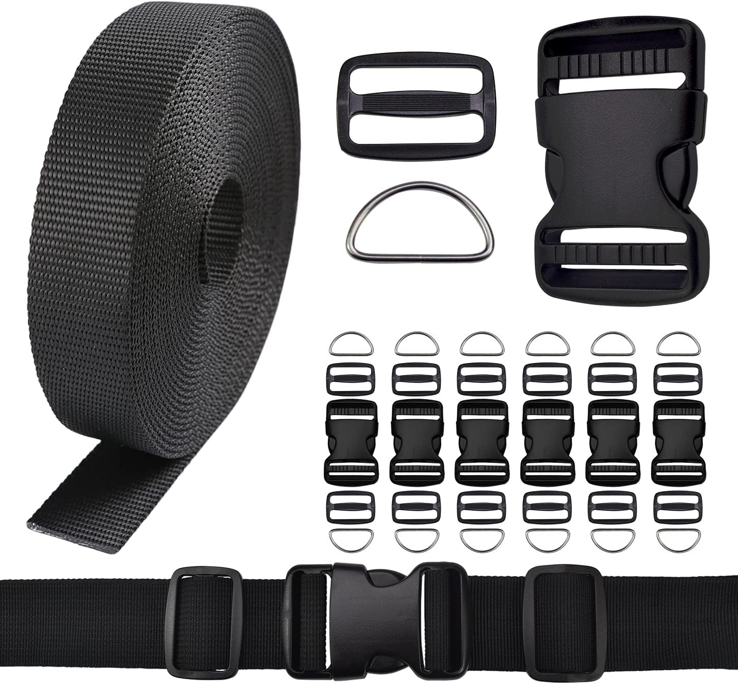 CooBigo 1.25 Inch Buckles Straps Set 6 Yards 1.25 Inch Black Nylon Webbing Strap 6 Pcs Quick Side Release Plastic Buckle Dual Adjustable 12pcs Tri-glide Slide Clip 12 Pcs Metal D Rings