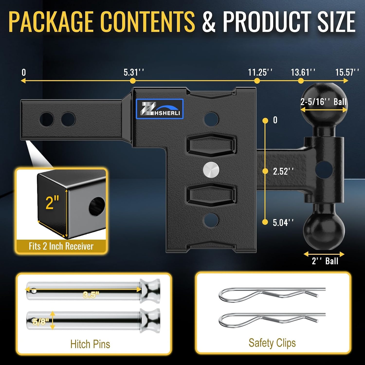 Adjustable Tow Hitch Fits 2" Receiver, Trailer Hitch with 5" Drop/Rise, Dual Ball Mount (2-5/16" & 2"), 8,000 lbs Towing Capacity, Drop Hitch for Trucks with Hitch Pin Lock