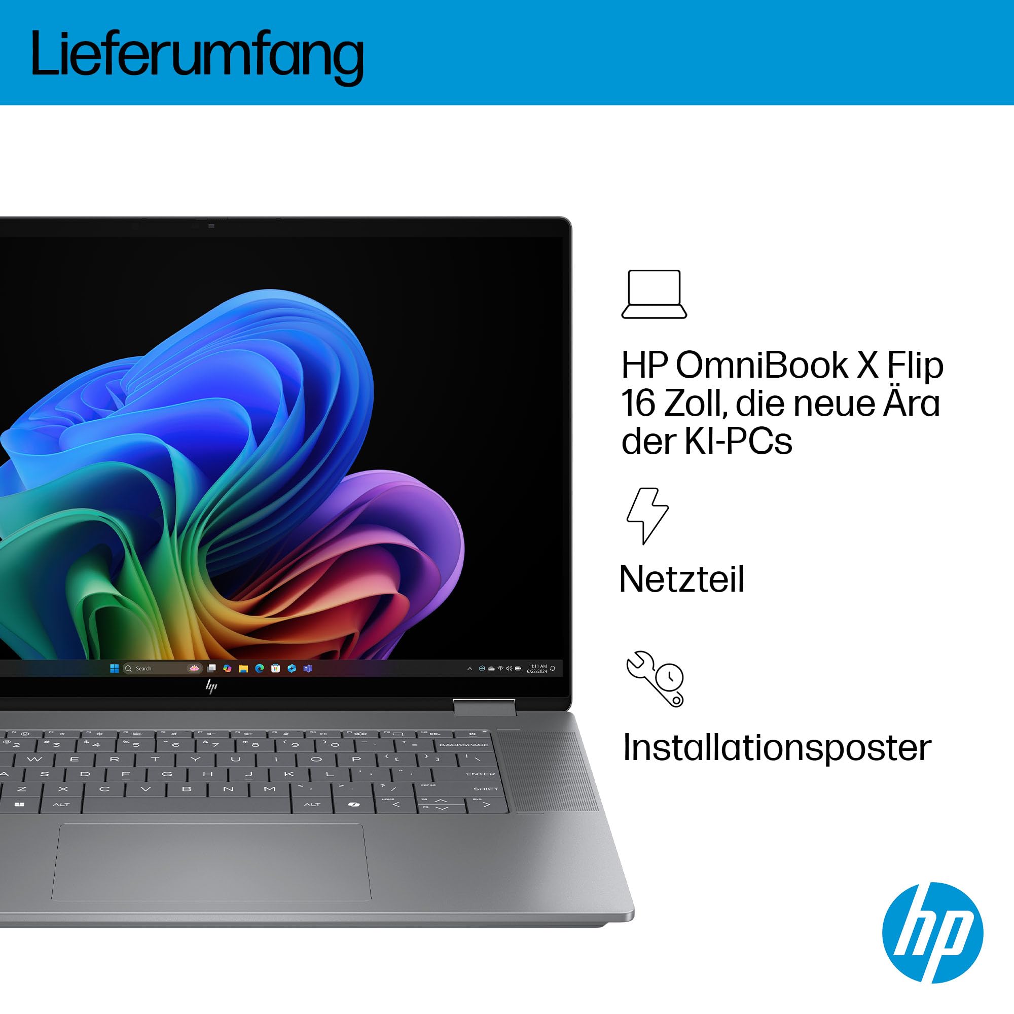 HP OmniBook X Flip 2in1 Laptop AMD Ryzen AI 5 340 16" WUXGA Touchscreen 16GB 512GB SSD Win11 Silber
