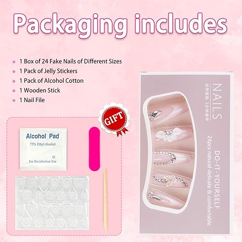 Miniatura 5 de Uñas postizas a presión de punta francesa, uñas postizas largas y cuadradas, uñas acrílicas nude, con dije de mariposa plateada, diseño de diamantes