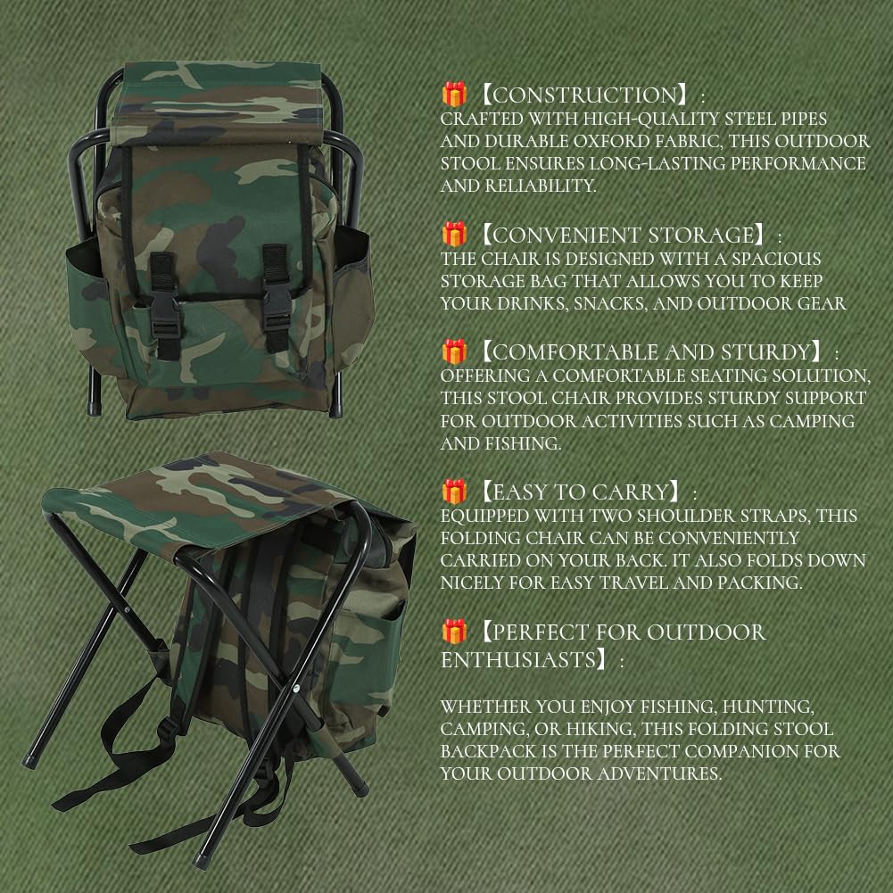 Sgabello pieghevole con zaino, sedia portatile da campeggio con dispositivo di raffreddamento e borsa portaoggetti per campeggio, caccia, pesca, escursionismo