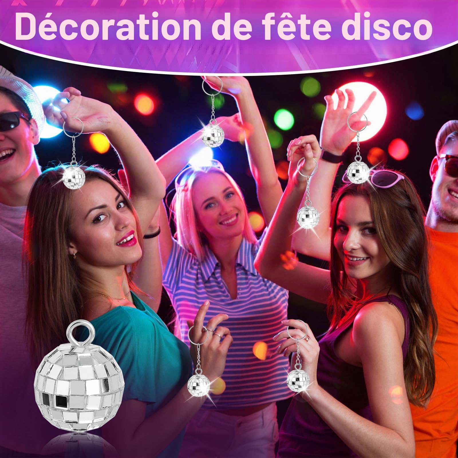 20 Pièces Mini Boule A Facette Anneau Porte Clé, 3cm Mini Boule Disco Anneau De Porte-Cles, Années 70 Argent Boule A Facette Chainette Porte Clé, Disco Ball Porte Clef pour Noël Party Deko