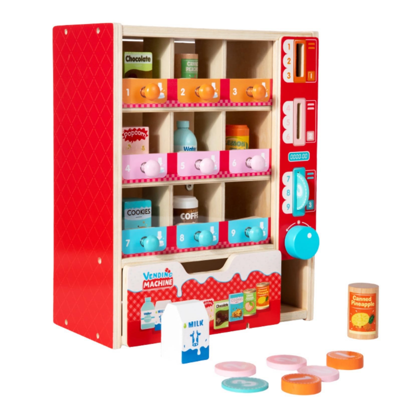 Kinder Verkaufsautomat Holz Spielautomat Snackspender Spielzeugautomat Inklusive Spielmarken Behälter Flasche Becher Schublade für Frontfächer für Rollenspiele Lernspiele Kinderzimmer