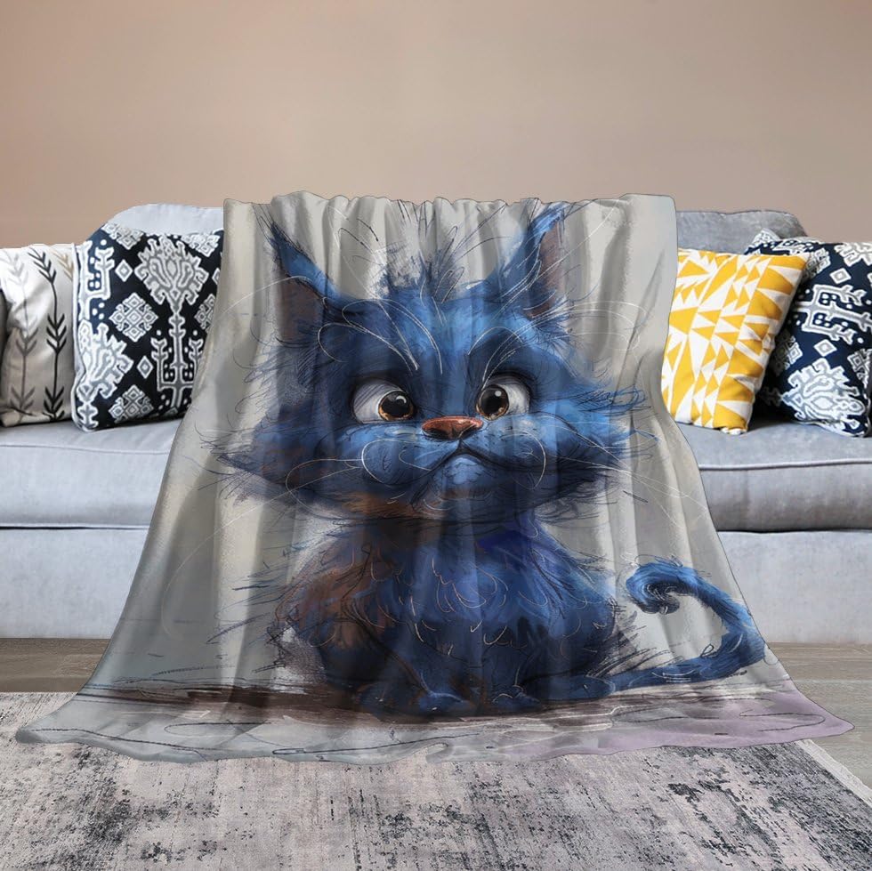 Couverture micro polaire motif chat bleu en flanelle pour lit et salon