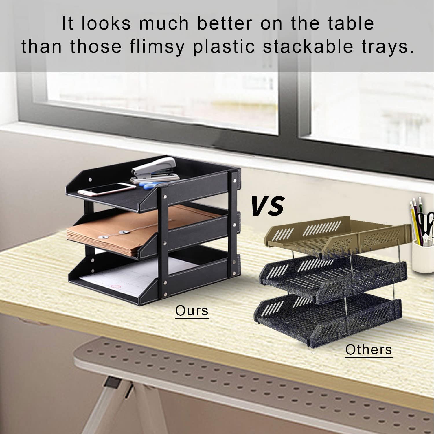 Stacking Letter Trays Leather Office Desk Supply Organizer, 3-Tier Files Sorter Workplace Desktop Storage Holder for Document/Paper/Stationery/Magazine/Newspaper/Mail/Sundries : Office Products