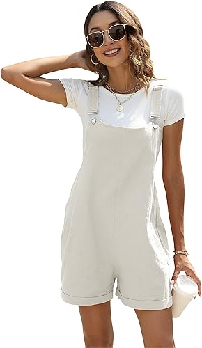 Ailoqing Overol corto de algodón y lino para mujer, estilo casual, para verano, con bolsillos