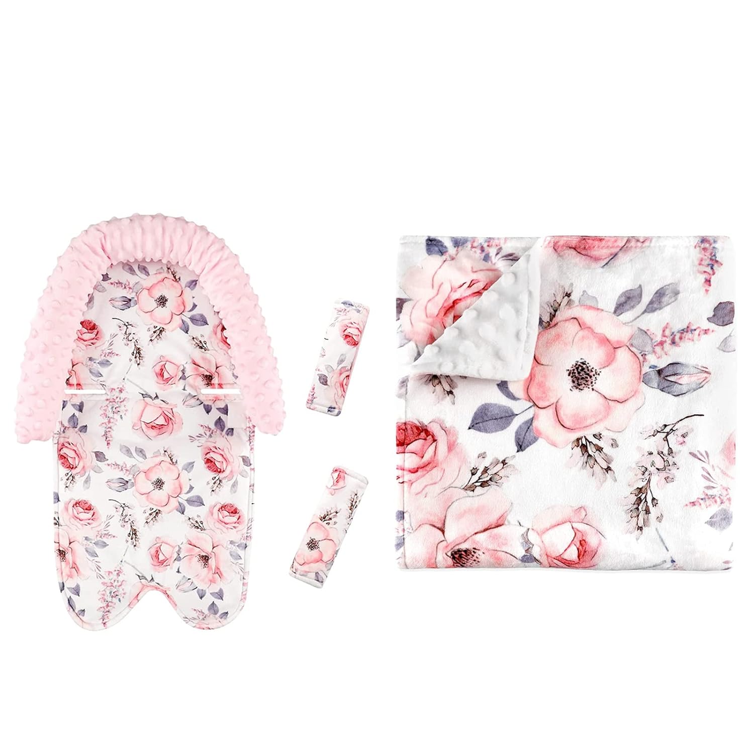 Baby Car Seat Headrest and Strap Cover, Baby Blanket for Girls, Pink Floral
