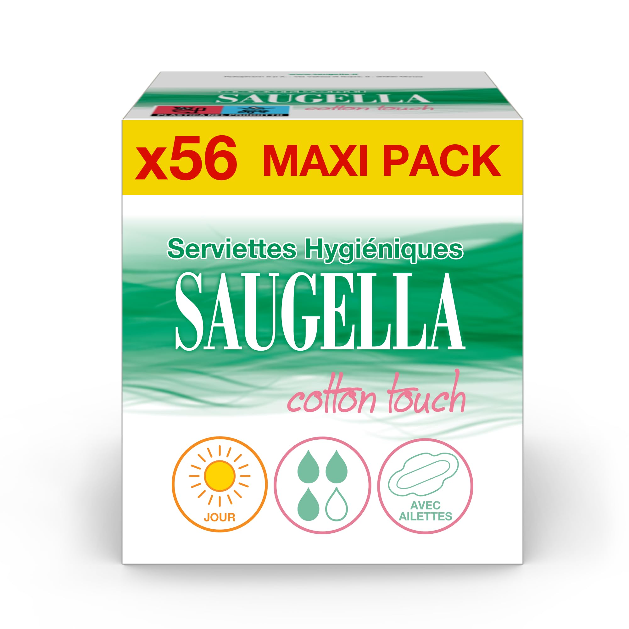 Saugella - Cotton Touch Day - Asciugamani Igienici - Molto assorbenti - Extra sottili - Ipoallergenici con ali - Antiodore - 56 tovaglioli - Set di 4 x 14