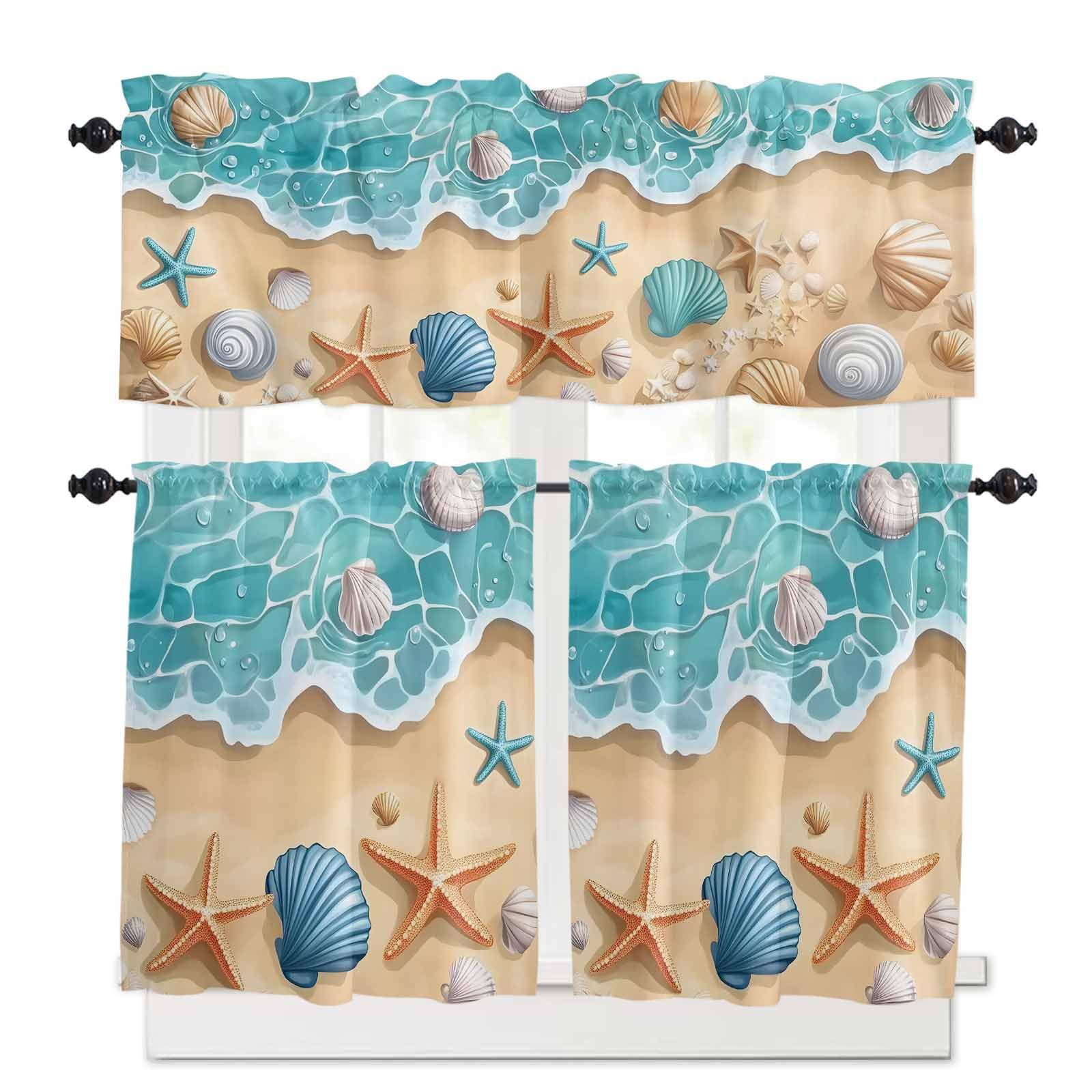 Ocean Starfish Kitchen Curtains 24 Inch Length, 3 Piece Rod Pocket Small Half Tiers and Valance Set, Coastal Seaside Shell Modern Beach Small Large Window Treatment Decor for Bedroom/Bathroom Sink
