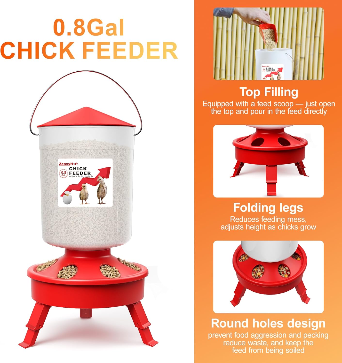 2-in-1 Chick Starter Set: 0.8 Gal Top Filling Feeder and 0.4 Gal Waterer with Adjustable Legs for Baby Chicks, Includes Scoop, Hanging Hooks, Anti-Drown Design (Red)