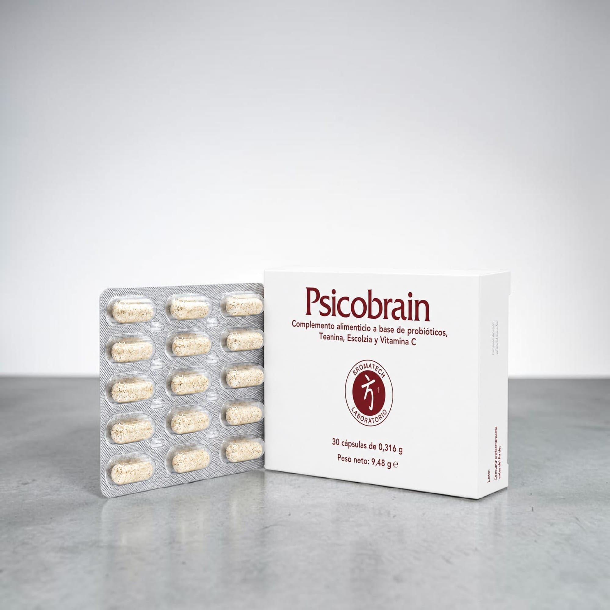 Bromatech Psicobrain 30 Cápsulas - Psicobiótico para el Eje Intestino-Cerebro - Con L-Teanina, Amapola de California y Vitamina C - Reduce Estrés y Ansiedad
