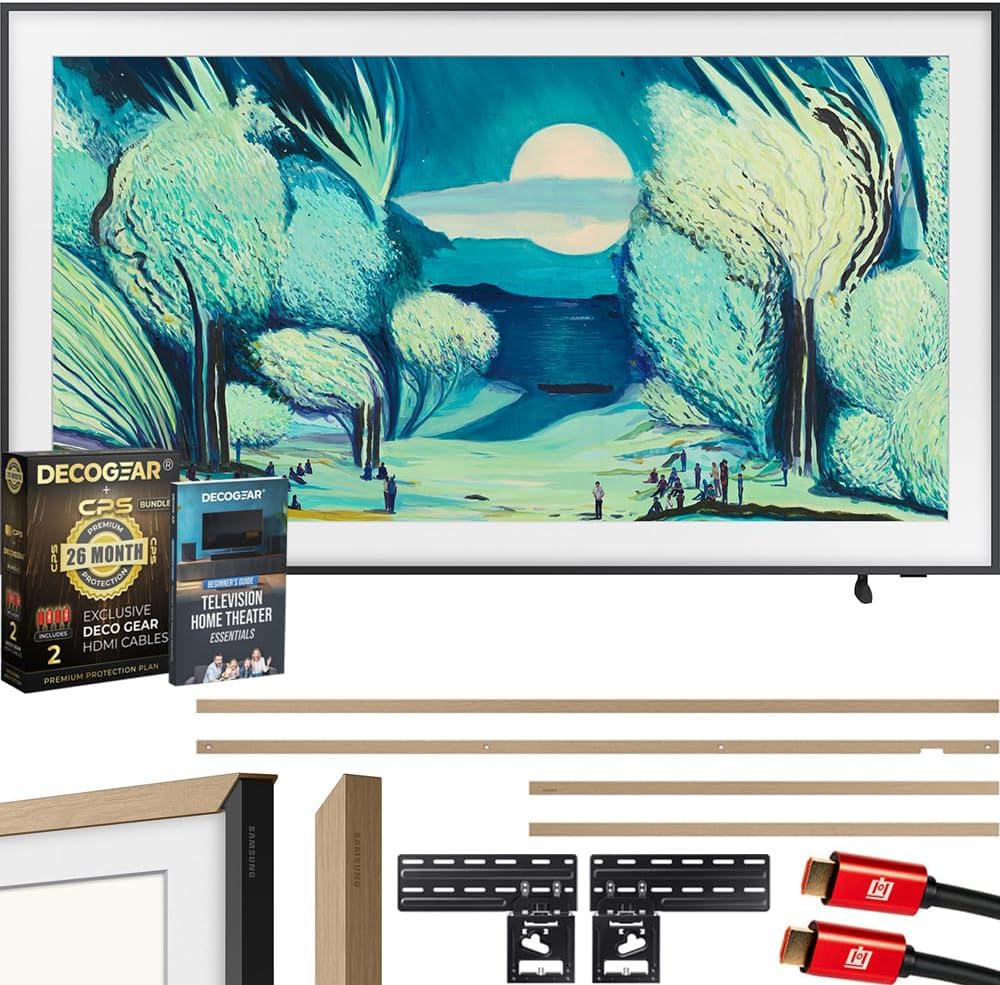 Samsung QN55LS03FA 55" The Frame QLED 4K AI TV (2025) Bundle with Modern Teak Bezel, CPS 26 Month Protection, Slim Flat Mount, 2X HDMI Cables & Deco Gear Complete Home Theater Beginner's Guidebook