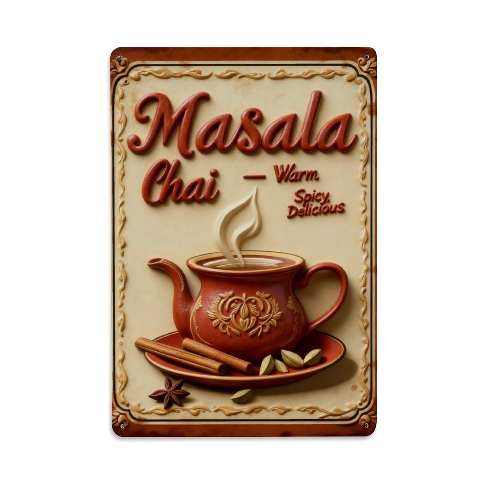 Masala Chai Warm Spicy Delicious Vintage Metal Tin Sign Retro Wall Decor, Bar Garage Cafe Kitchen Home Wall Art Poster Decoration 8x12inches