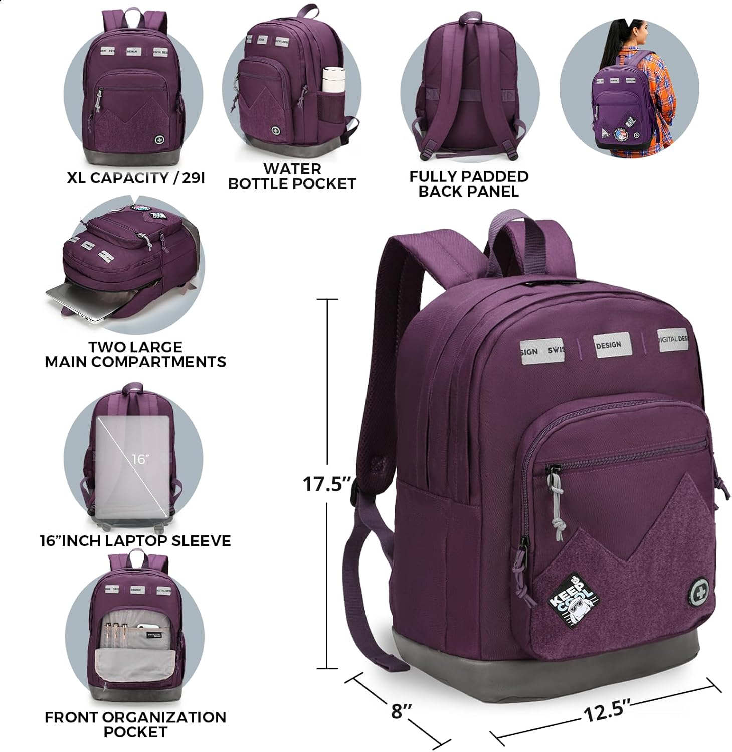 Swissdigital Design Big Student Laptop Backpack with Fun Personalized Patches For College Boy & Girl, Middle High School Teen Bookbag Cool Travel Daypack Purple - Includes 3 Patches | SD1718-51 - Image 5