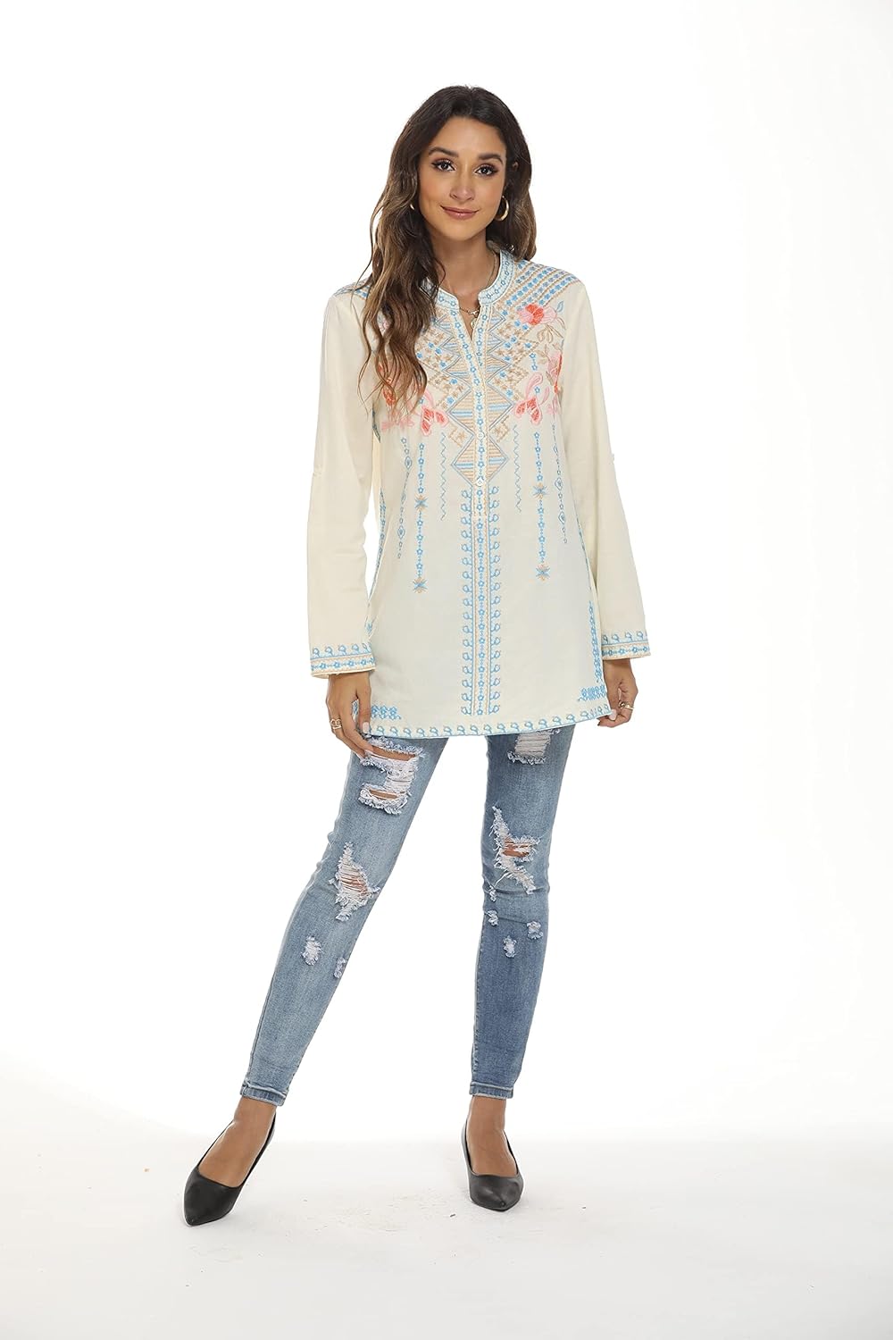 Women's V-Neck Bohemian Floral Embroidered Shirt Mexican Peasant Tops Long Sleeve Casual Loose Tunic Blouse - Image 6